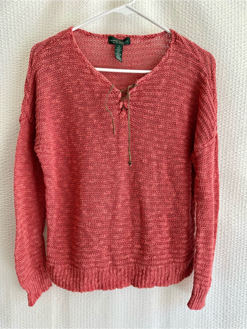 Ralph Lauren Women’s Coral Pink Lace-Up V-Neck Knit Sweater Size: Small